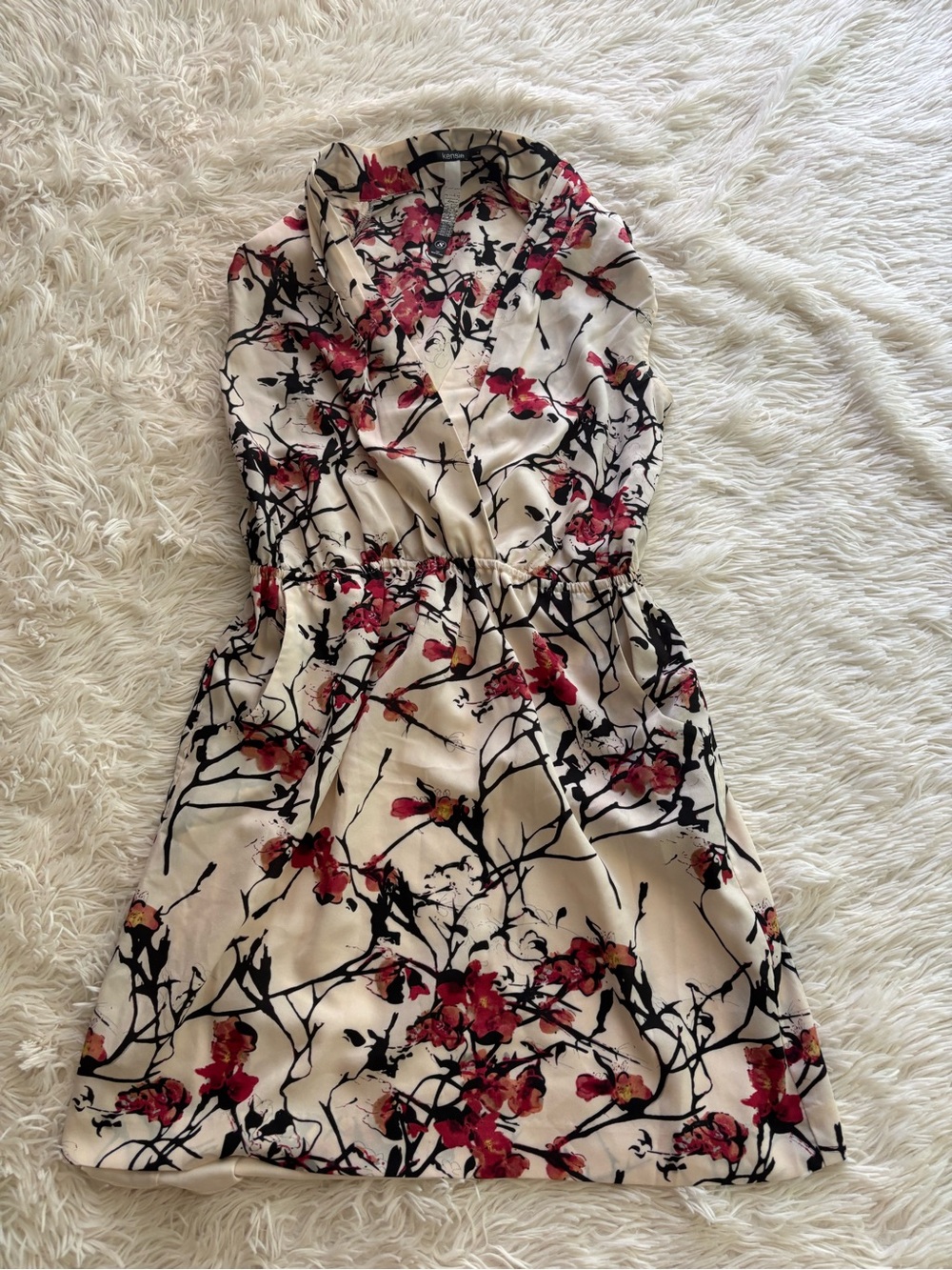 Kensie Cream Mini Dress with Pink Floral Branch Print